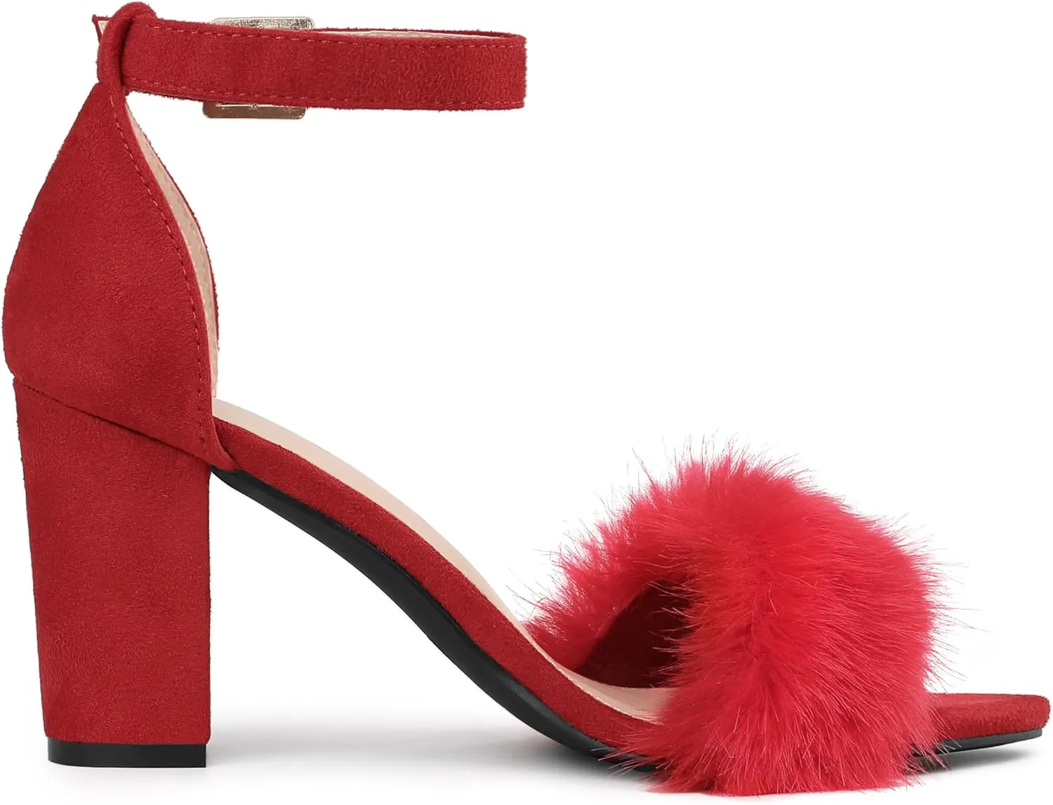 Allegra K Women's Faux Fur Ankle Strap Block Heels Sandals