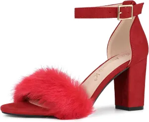 Allegra K Women's Faux Fur Ankle Strap Block Heels Sandals