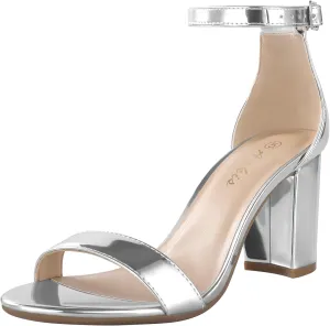 Ankis Silver Heels for Women Chunky - Open Toe Glitter Heels for Women Chunky Pump Sandals Party Wedding Block Heels Standard Size 2.75 Inches Tall Thick Heel