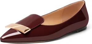AUMOTED Women's Flats Comfortable Dressy Shoes Pointed Toe Flats Slip on with Fashion Gold Metal Patent Flats Work Shoes