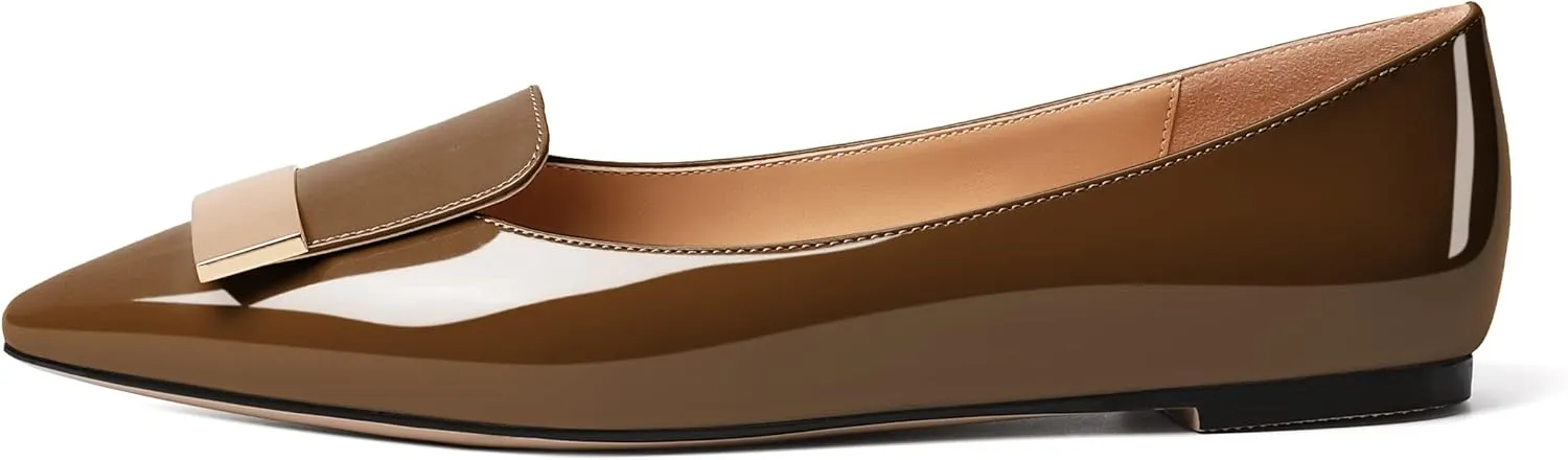 AUMOTED Women's Flats Comfortable Dressy Shoes Pointed Toe Flats Slip on with Fashion Gold Metal Patent Flats Work Shoes