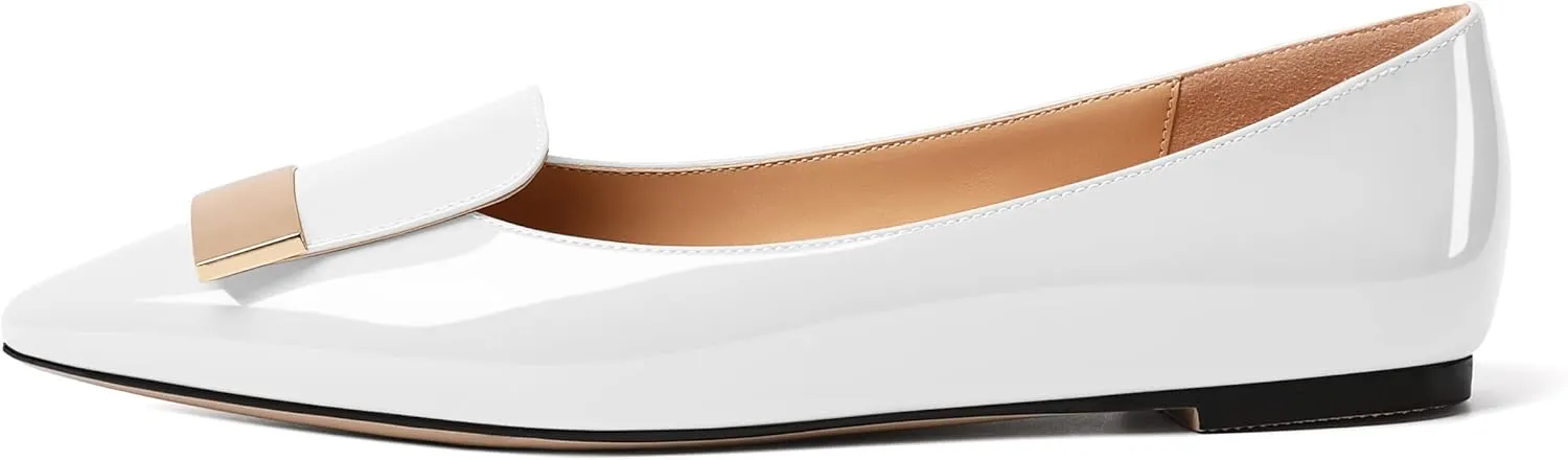 AUMOTED Women's Flats Comfortable Dressy Shoes Pointed Toe Flats Slip on with Fashion Gold Metal Patent Flats Work Shoes