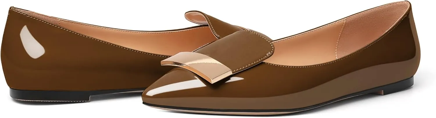 AUMOTED Women's Flats Comfortable Dressy Shoes Pointed Toe Flats Slip on with Fashion Gold Metal Patent Flats Work Shoes