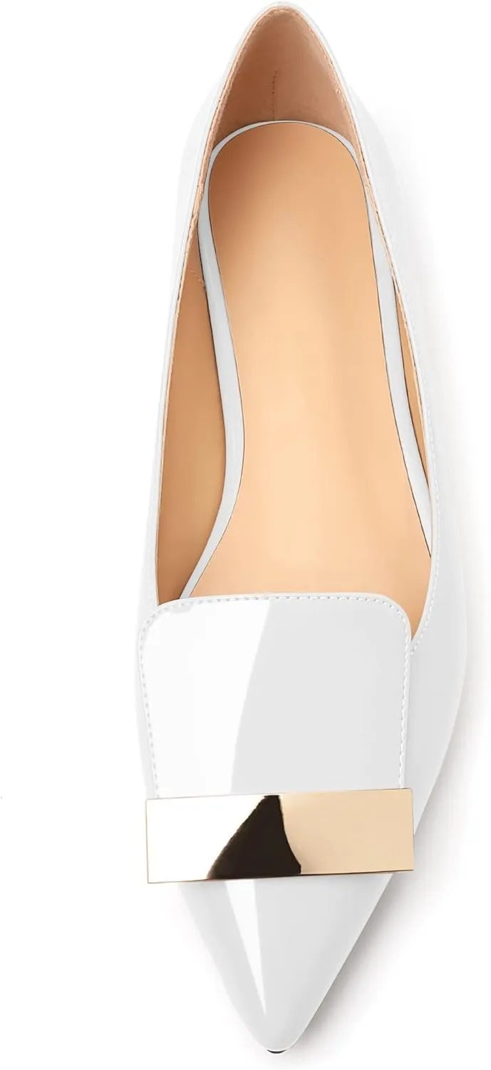 AUMOTED Women's Flats Comfortable Dressy Shoes Pointed Toe Flats Slip on with Fashion Gold Metal Patent Flats Work Shoes