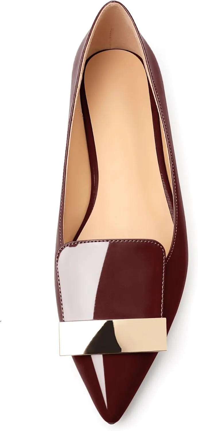 AUMOTED Women's Flats Comfortable Dressy Shoes Pointed Toe Flats Slip on with Fashion Gold Metal Patent Flats Work Shoes