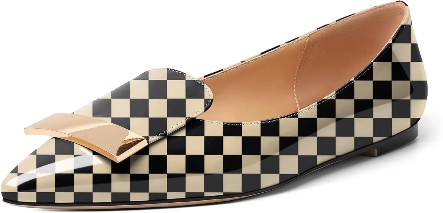AUMOTED Women's Flats Comfortable Dressy Shoes Pointed Toe Flats Slip on with Fashion Gold Metal Patent Flats Work Shoes