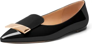 AUMOTED Women's Flats Comfortable Dressy Shoes Pointed Toe Flats Slip on with Fashion Gold Metal Patent Flats Work Shoes
