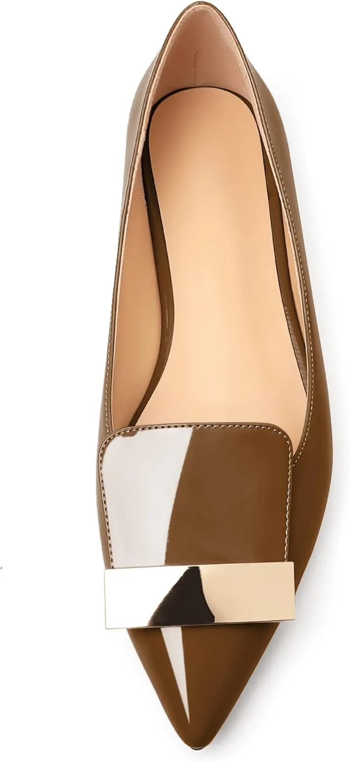 AUMOTED Women's Flats Comfortable Dressy Shoes Pointed Toe Flats Slip on with Fashion Gold Metal Patent Flats Work Shoes