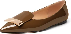 AUMOTED Women's Flats Comfortable Dressy Shoes Pointed Toe Flats Slip on with Fashion Gold Metal Patent Flats Work Shoes