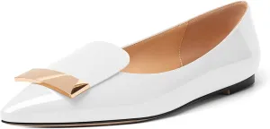 AUMOTED Women's Flats Comfortable Dressy Shoes Pointed Toe Flats Slip on with Fashion Gold Metal Patent Flats Work Shoes