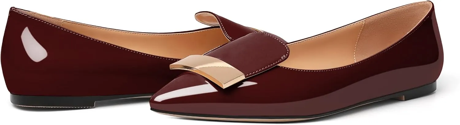 AUMOTED Women's Flats Comfortable Dressy Shoes Pointed Toe Flats Slip on with Fashion Gold Metal Patent Flats Work Shoes