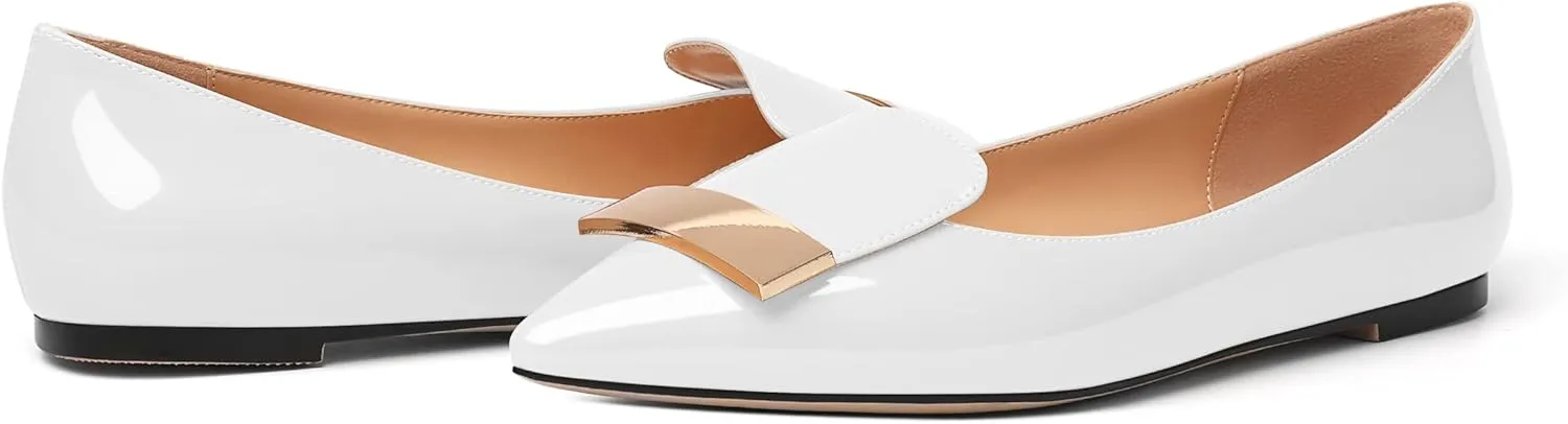 AUMOTED Women's Flats Comfortable Dressy Shoes Pointed Toe Flats Slip on with Fashion Gold Metal Patent Flats Work Shoes