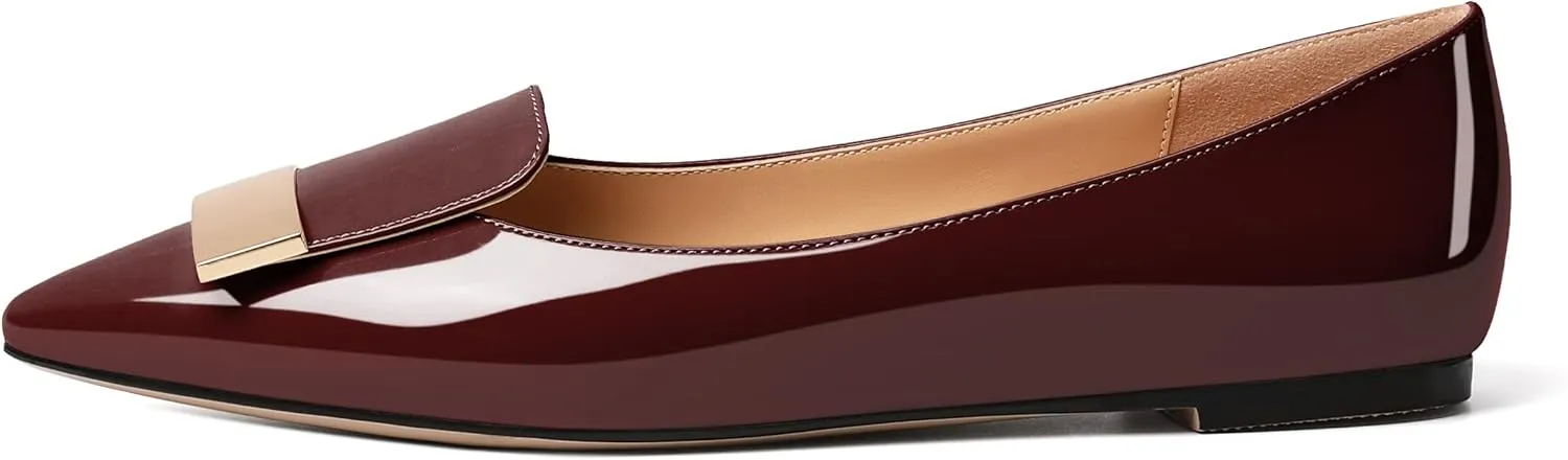 AUMOTED Women's Flats Comfortable Dressy Shoes Pointed Toe Flats Slip on with Fashion Gold Metal Patent Flats Work Shoes