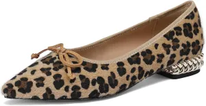 Bow Low Heel Dress Shoes for Women Closed Pointed Toe Wide Flats Pumps Comfortable Cheetah Leopard Print Animal Wedding Formal Elegantes Ladies Prom Slip On 0.5 Inch Ballet