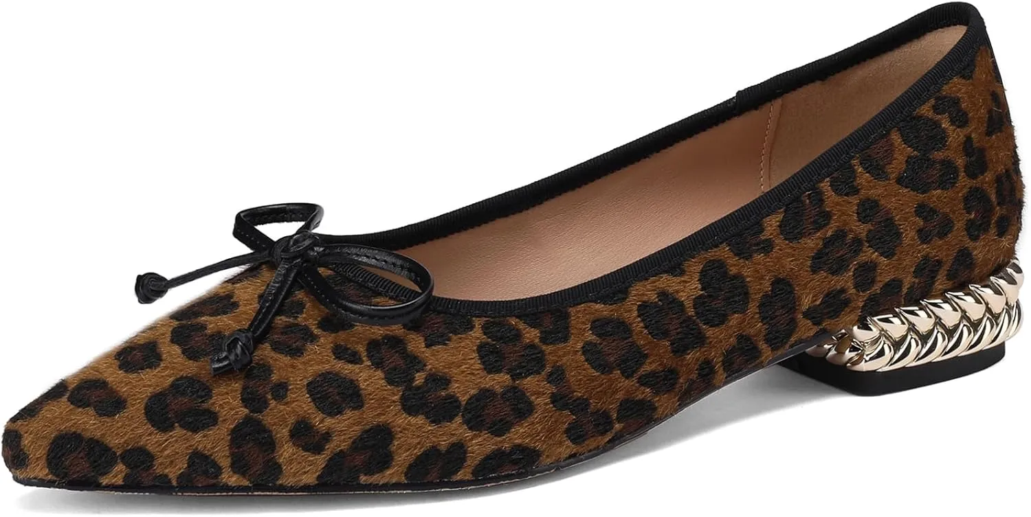 Bow Low Heel Dress Shoes for Women Closed Pointed Toe Wide Flats Pumps Comfortable Cheetah Leopard Print Animal Wedding Formal Elegantes Ladies Prom Slip On 0.5 Inch Ballet