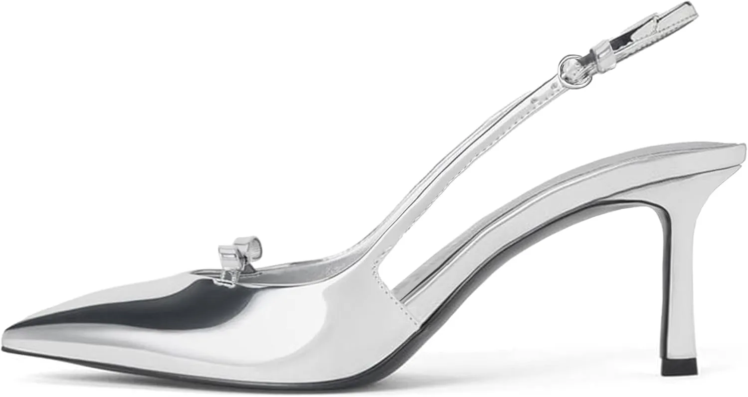Bow Slingback Heels for Women Closed Pointed Toe Backless Stiletto Heeled Sandals Patent Pumps Wedding Dress Party Shoes With Buckle Strap