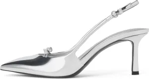 Bow Slingback Heels for Women Closed Pointed Toe Backless Stiletto Heeled Sandals Patent Pumps Wedding Dress Party Shoes With Buckle Strap