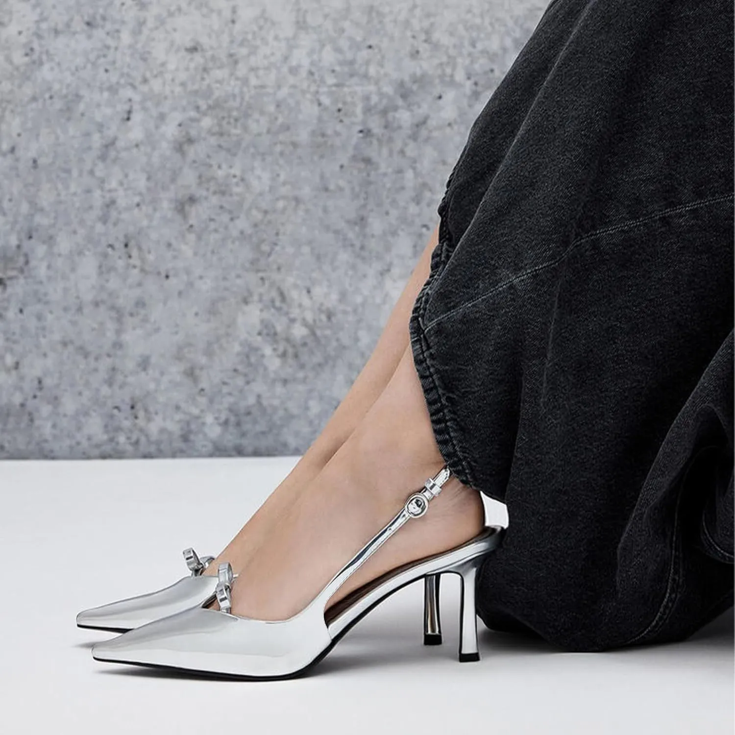 Bow Slingback Heels for Women Closed Pointed Toe Backless Stiletto Heeled Sandals Patent Pumps Wedding Dress Party Shoes With Buckle Strap