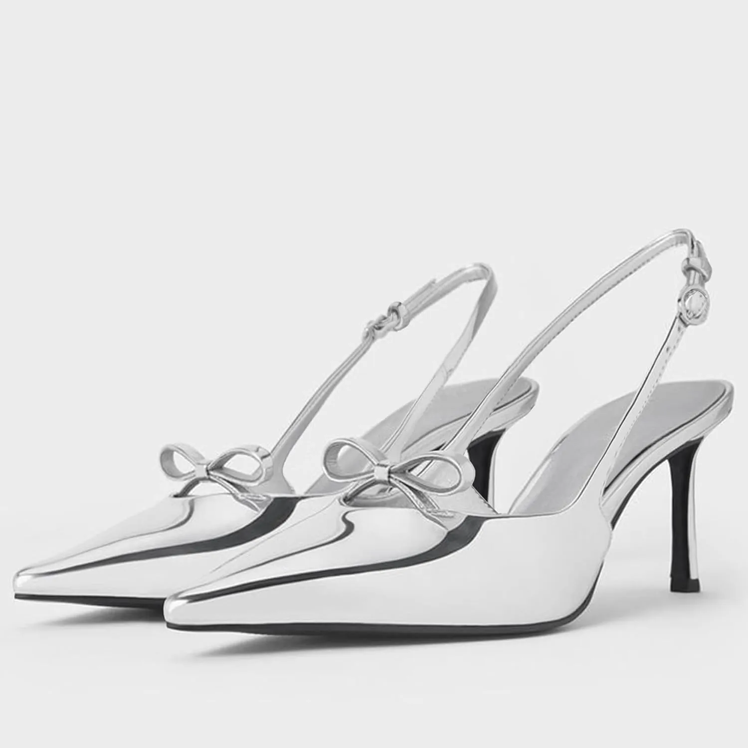 Bow Slingback Heels for Women Closed Pointed Toe Backless Stiletto Heeled Sandals Patent Pumps Wedding Dress Party Shoes With Buckle Strap