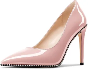 Castamere Beaded Pumps for Women Pointed Toe Stiletto Heels Slip on Pumps Casual Dress Patent Leather 3.9 Inches Heels
