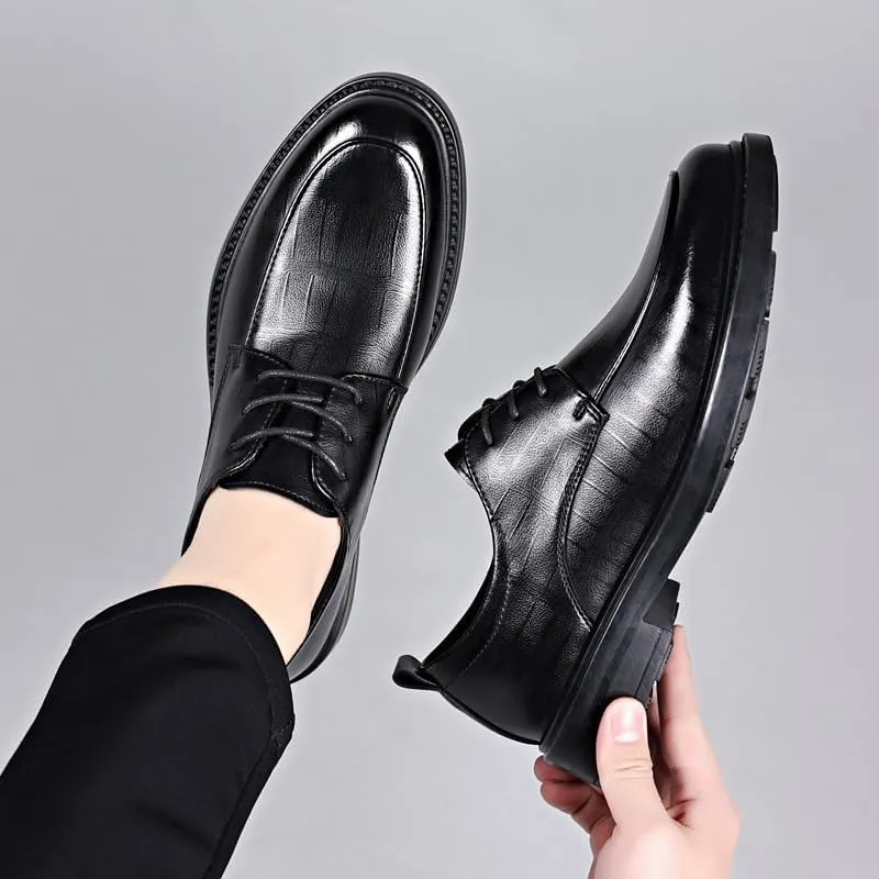 Classic Black Leather Tuxedo Dress Shoes Men's Lace-up Platform Oxford Fashionable Waterproof Brogue Shoes