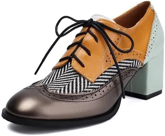 Classic Wing Tip Lace Up Block Heel Brogue Shoes for Women