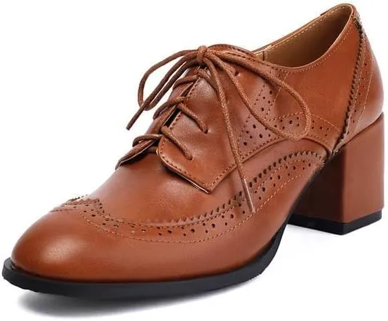 Classic Wing Tip Lace Up Block Heel Brogue Shoes for Women