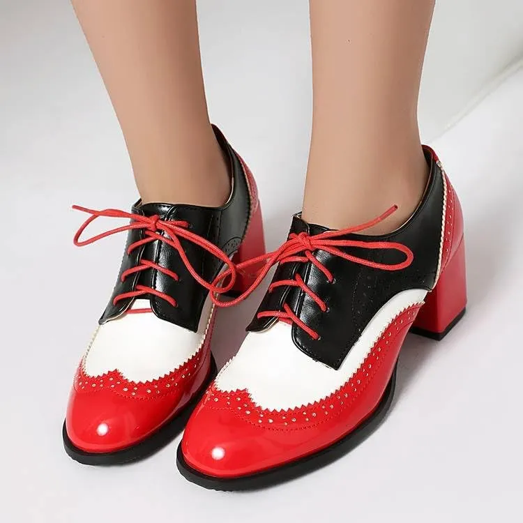 Classic Wing Tip Lace Up Block Heel Brogue Shoes for Women