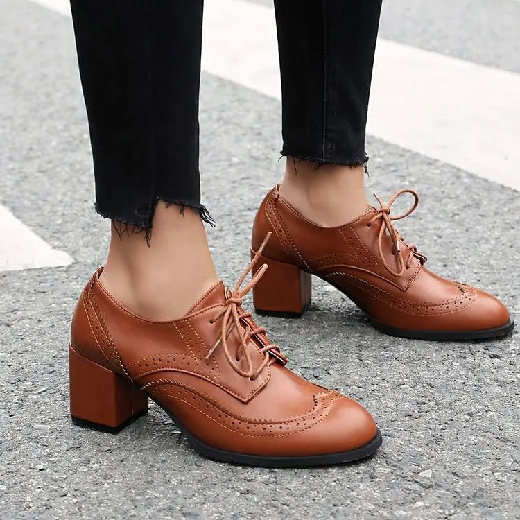 Classic Wing Tip Lace Up Block Heel Brogue Shoes for Women