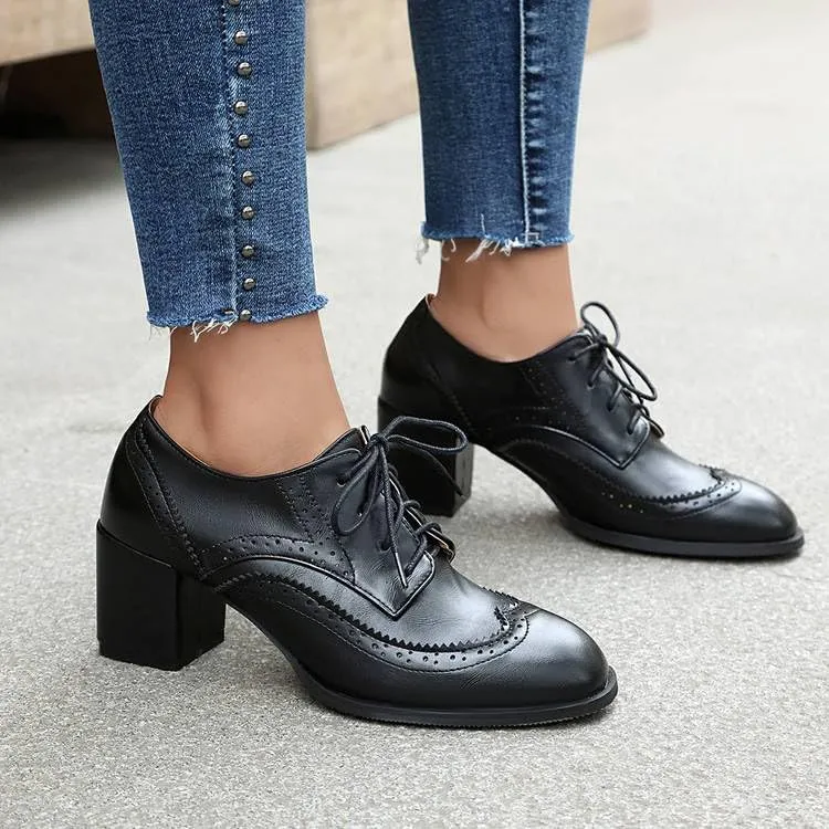 Classic Wing Tip Lace Up Block Heel Brogue Shoes for Women