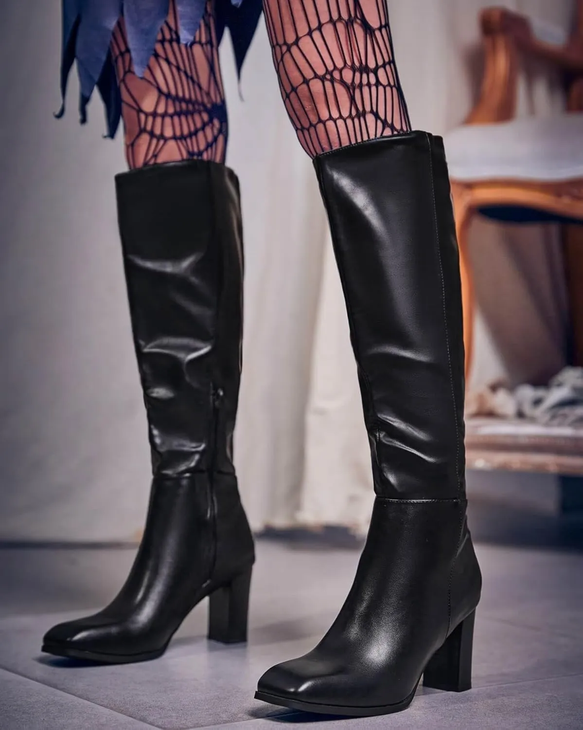 Coutgo Womens Knee High Boots Chunky Block Heels Square Toe Side Zipper Faux Suede Fall Winter Comfort Boot