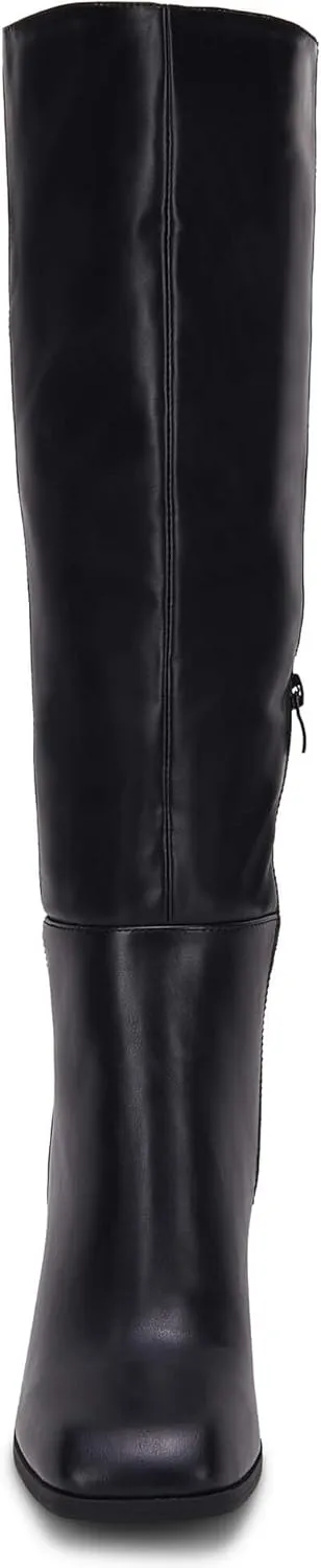 Coutgo Womens Knee High Boots Chunky Block Heels Square Toe Side Zipper Faux Suede Fall Winter Comfort Boot