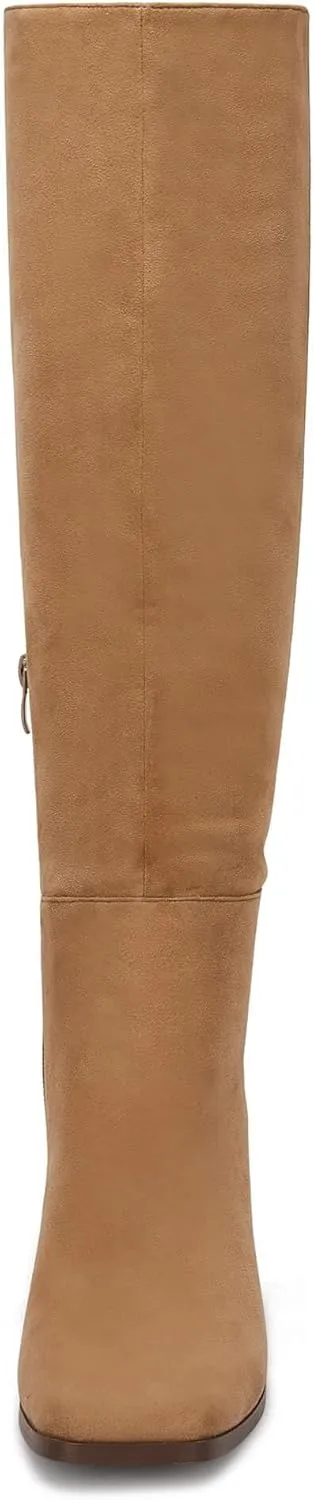 Coutgo Womens Knee High Boots Chunky Block Heels Square Toe Side Zipper Faux Suede Fall Winter Comfort Boot