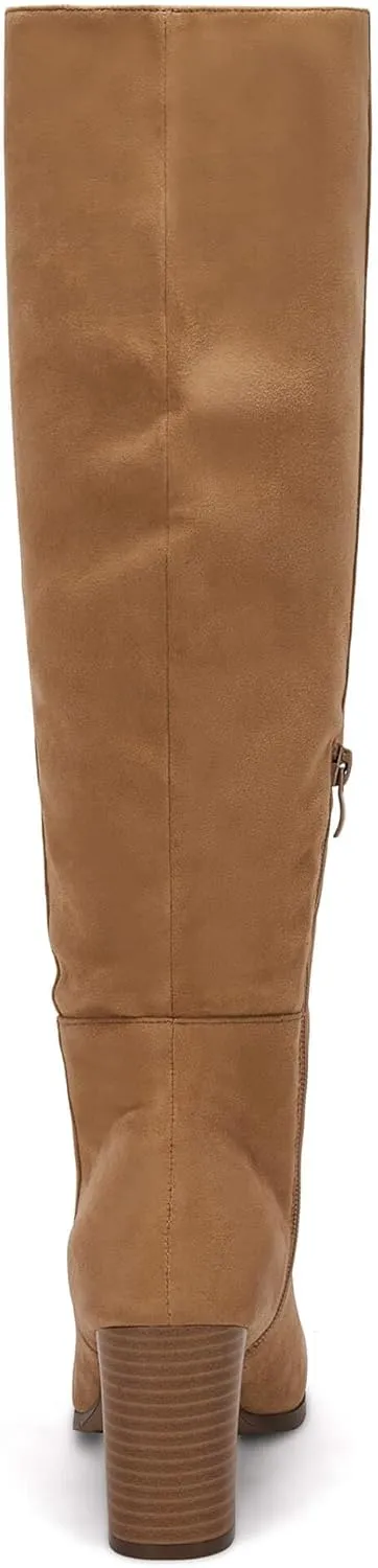 Coutgo Womens Knee High Boots Chunky Block Heels Square Toe Side Zipper Faux Suede Fall Winter Comfort Boot