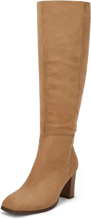 Coutgo Womens Knee High Boots Chunky Block Heels Square Toe Side Zipper Faux Suede Fall Winter Comfort Boot