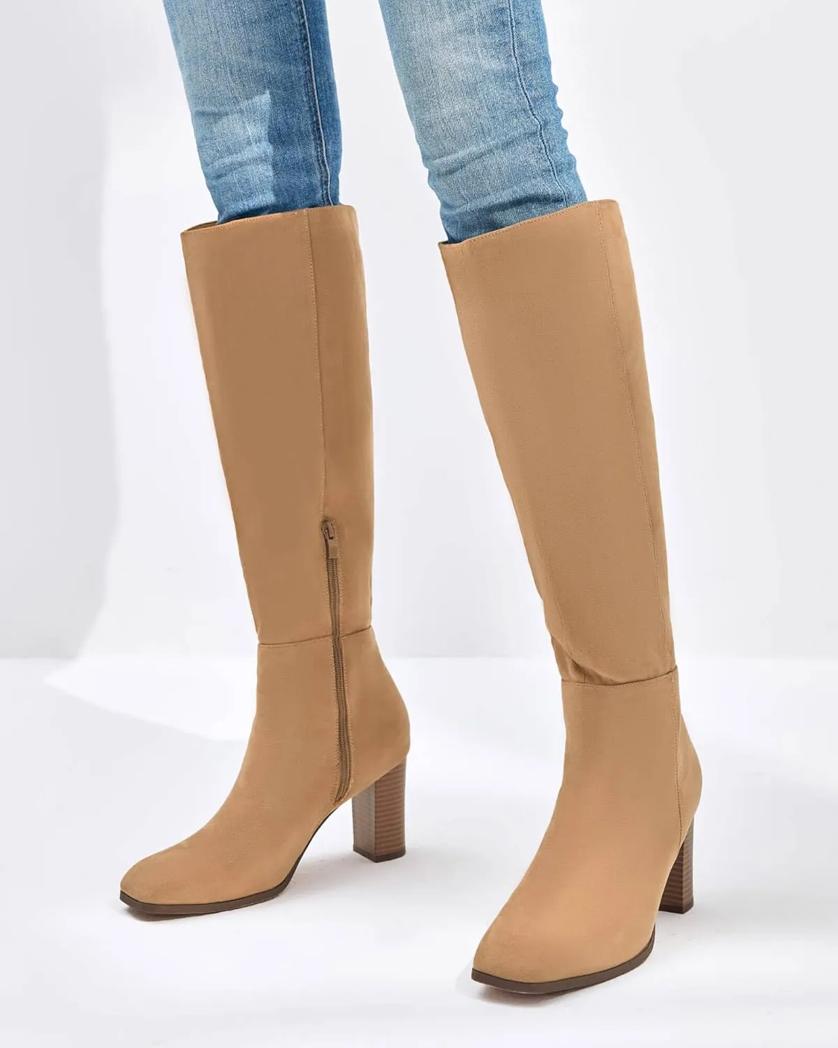 Coutgo Womens Knee High Boots Chunky Block Heels Square Toe Side Zipper Faux Suede Fall Winter Comfort Boot