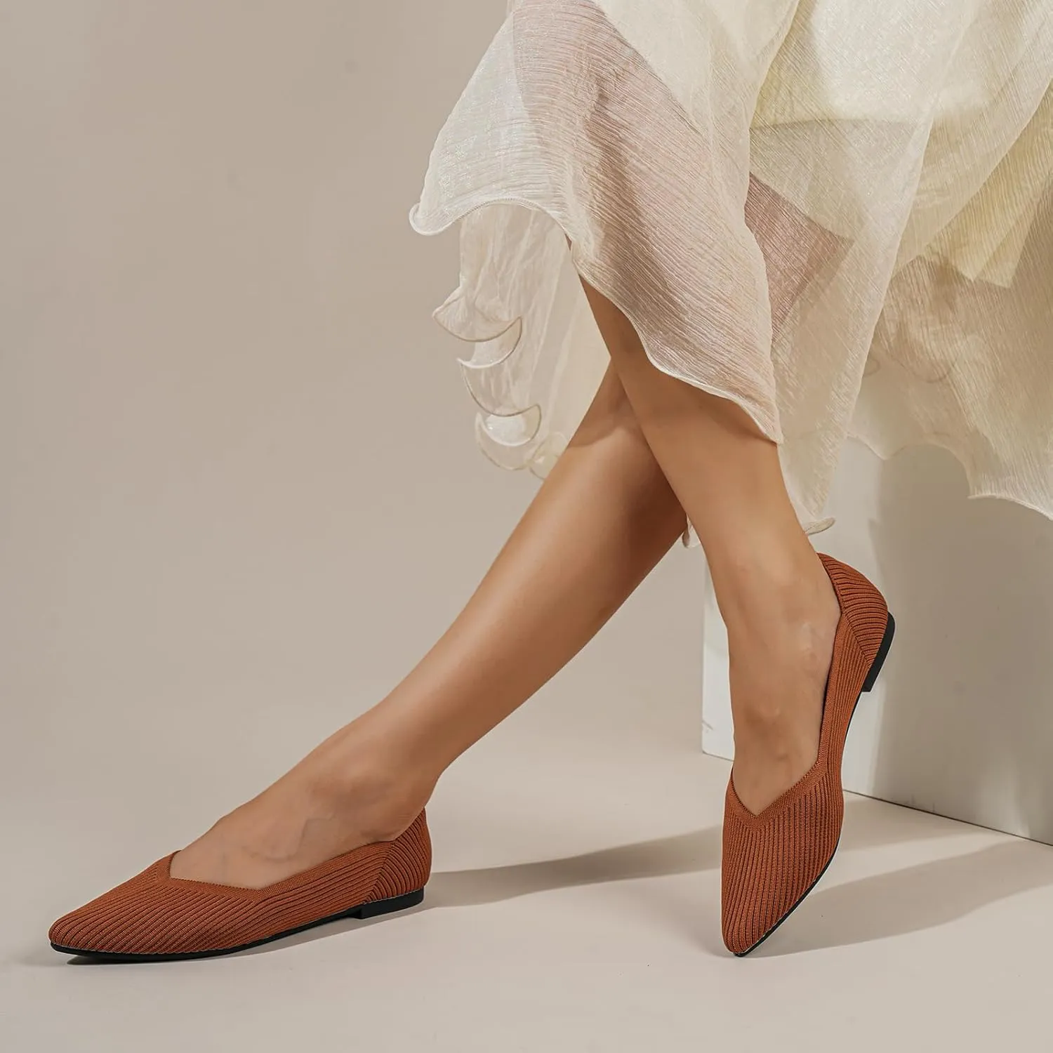 Dumalum Knit Mules for Women Flats Pointed Round Toe Mesh Ballet Flats Shoes Backless Slip On Slides Washable Walking Shoes