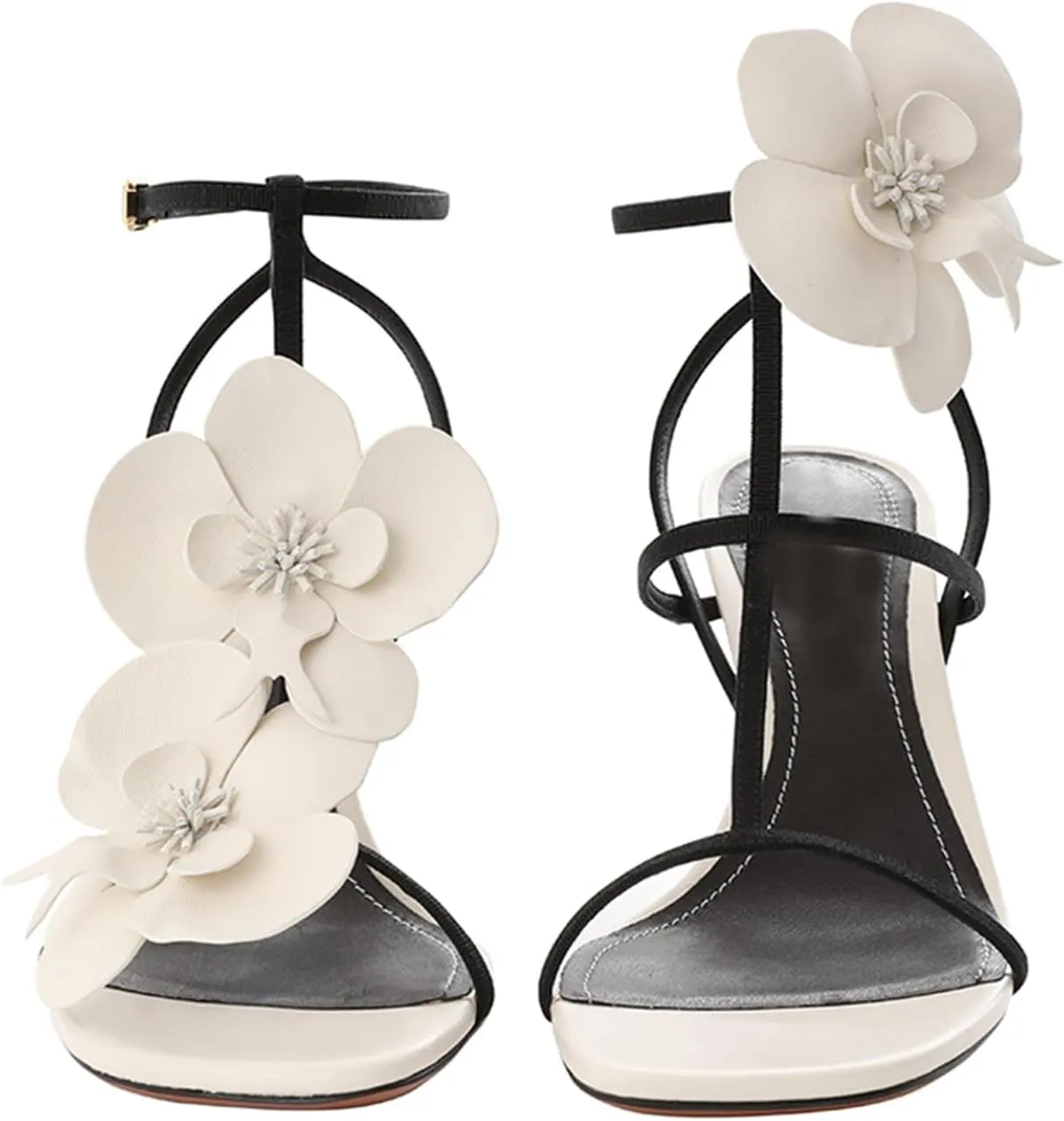Flower Heeled Sandals for Women Open Square Toe Strappy High Heels T-Strap Stiletto Dressy Orchid Wedding Party Pumps Shoes with Ankle Buckle Strap