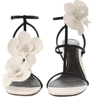 Flower Heeled Sandals for Women Open Square Toe Strappy High Heels T-Strap Stiletto Dressy Orchid Wedding Party Pumps Shoes with Ankle Buckle Strap