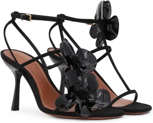 Flower Heeled Sandals for Women Open Square Toe Strappy High Heels T-Strap Stiletto Dressy Orchid Wedding Party Pumps Shoes with Ankle Buckle Strap
