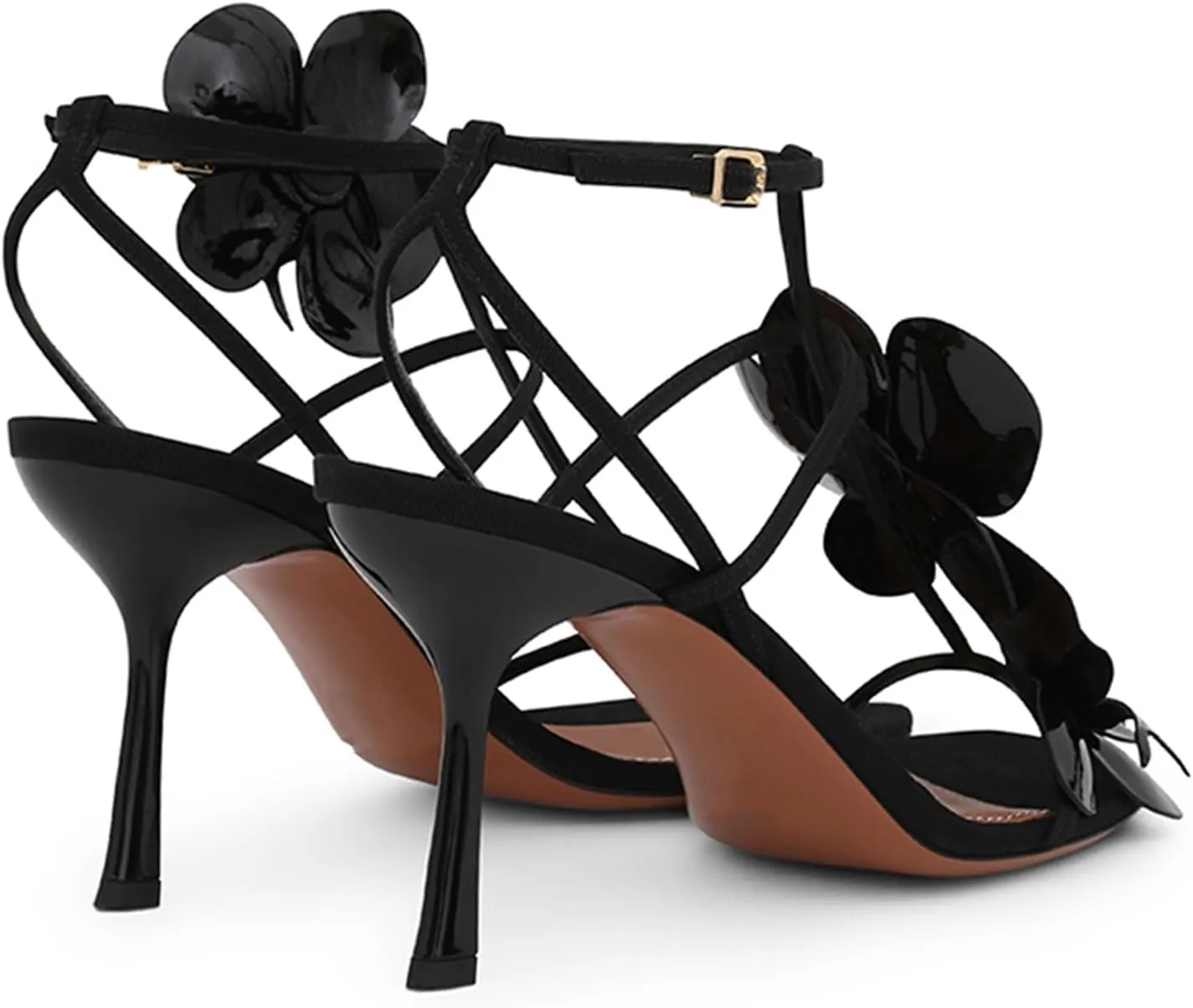 Flower Heeled Sandals for Women Open Square Toe Strappy High Heels T-Strap Stiletto Dressy Orchid Wedding Party Pumps Shoes with Ankle Buckle Strap