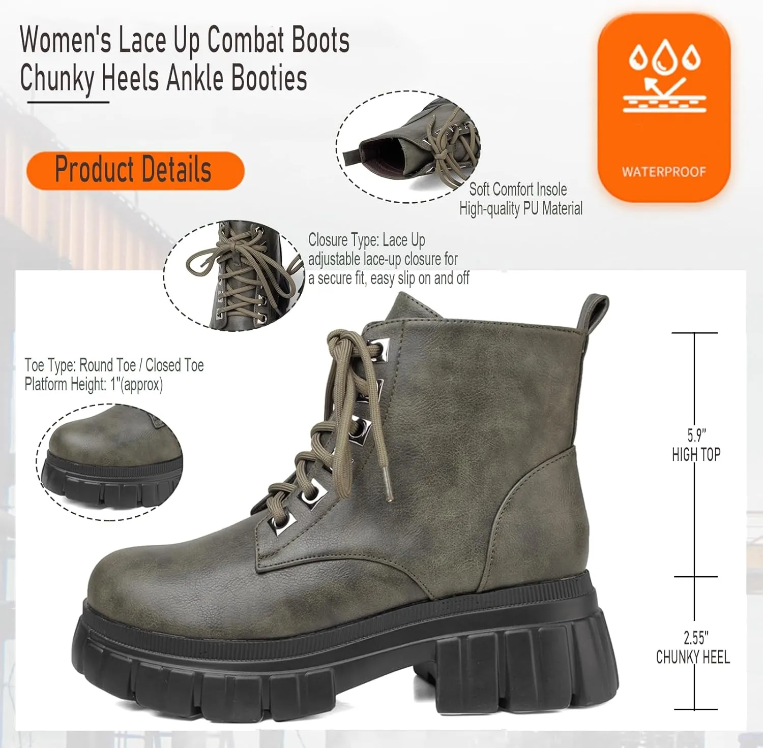 GATUXUS Women's Lace Up Combat Ankle Boots Fashion Low Chunky Heels Lug Sole Platform Hiking Booties Shoes