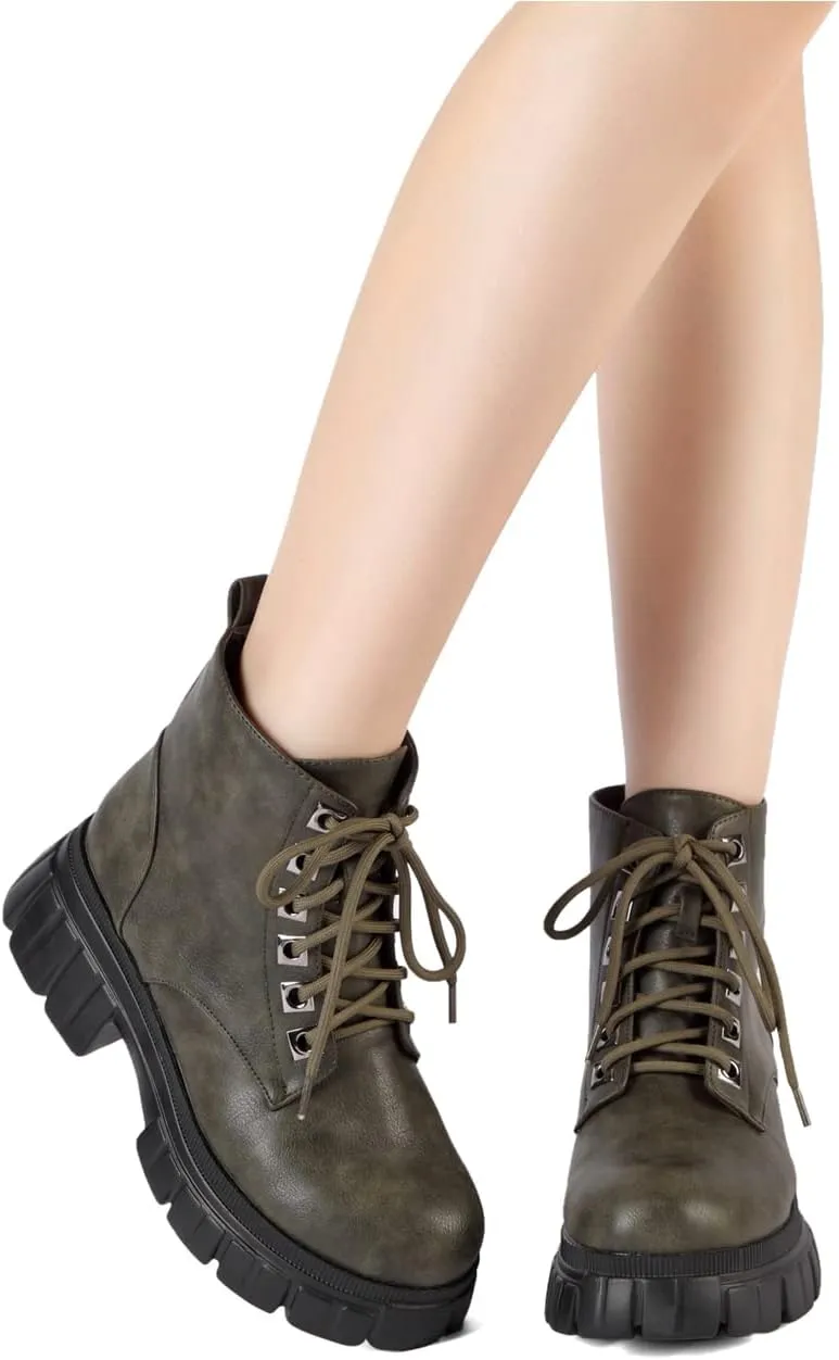 GATUXUS Women's Lace Up Combat Ankle Boots Fashion Low Chunky Heels Lug Sole Platform Hiking Booties Shoes