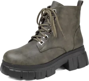 GATUXUS Women's Lace Up Combat Ankle Boots Fashion Low Chunky Heels Lug Sole Platform Hiking Booties Shoes