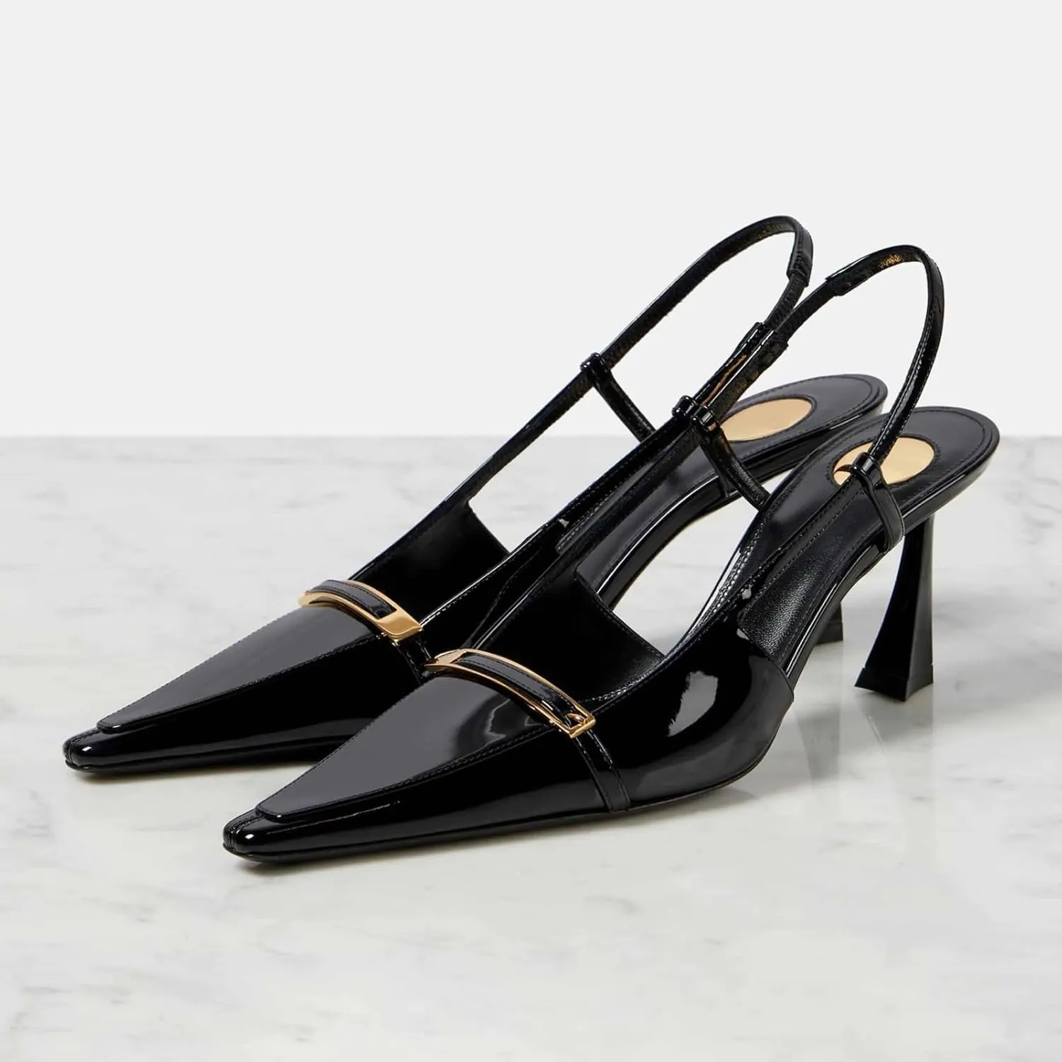 Goolita Patent Leather Slingback Heels For Women, Closed Pointed Toe Buckle Embellished Slingback Pumps Stiletto Heels Evening Dress Pumps Shoes