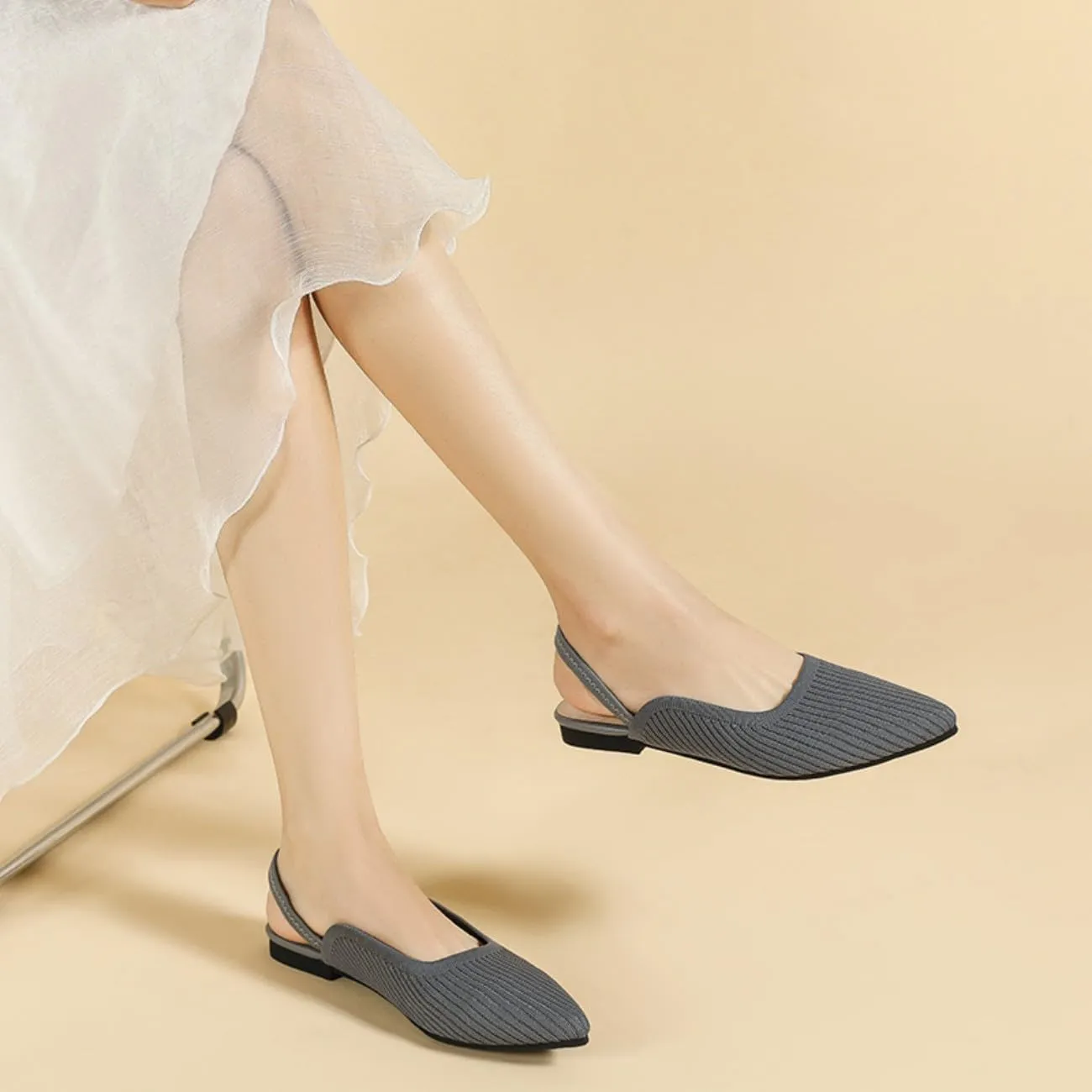 HROYL Slingback Flats for Women Pointed Toe Ballet Flats Shoes Women Dressy Comfortable Slip On Knit Flat Model XTZ-BT6