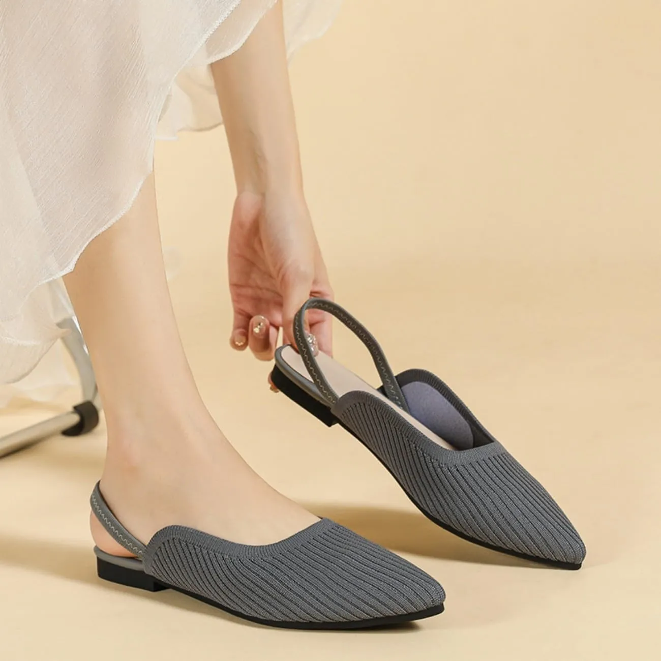 HROYL Slingback Flats for Women Pointed Toe Ballet Flats Shoes Women Dressy Comfortable Slip On Knit Flat Model XTZ-BT6