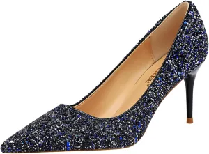 JOEupin Women's Sequin Mid Heel Wedding Pumps Pointed Toe Sparkly Party Wear Glitter Bridal Shoes