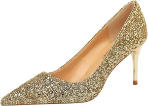 JOEupin Women's Sequin Mid Heel Wedding Pumps Pointed Toe Sparkly Party Wear Glitter Bridal Shoes