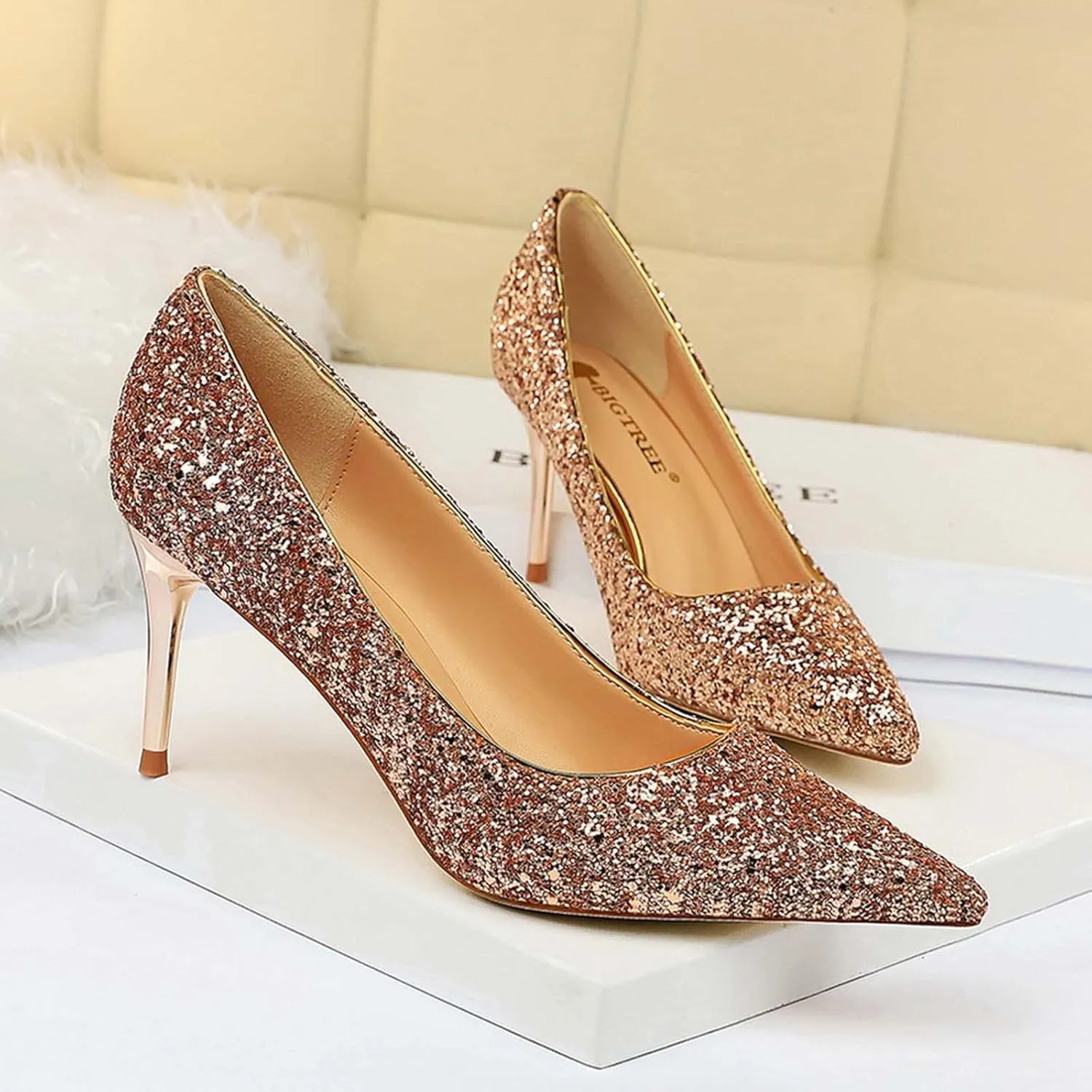 JOEupin Women's Sequin Mid Heel Wedding Pumps Pointed Toe Sparkly Party Wear Glitter Bridal Shoes